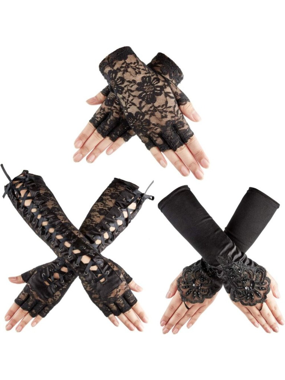 Gothic Lace Fingerless Gloves - 3 Pairs for Weddings, Cosplay & Tea Parties